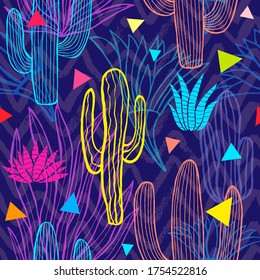 Cactuses succulents wild seamless pattern flowers colorful watercolor bright collections. Cacti beautiful trendy fashion fabric pattern. Hand drawn vector illustration.