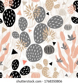 Cactuses succulents wild seamless pattern flowers colorful watercolor bright collections. Cacti beautiful trendy fashion fabric pattern. Hand drawn vector illustration.