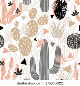 Cactuses succulents wild seamless pattern flowers colorful watercolor bright collections. Cacti beautiful trendy fashion fabric pattern. Hand drawn vector illustration.