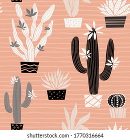 Cactuses succulents wild seamless pattern flowers colorful watercolor bright collections. Cacti beautiful trendy fashion fabric pattern. Hand drawn vector illustration.