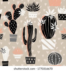 Cactuses succulents wild seamless pattern flowers colorful watercolor bright collections. Cacti beautiful trendy fashion fabric pattern. Hand drawn vector illustration.