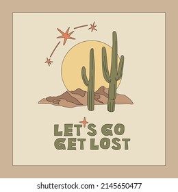 Cactuses and sun boho design card. Vector square banner template. Desert aesthetic in earthy tones.