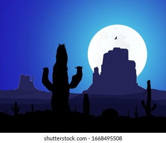 Cactuses and western rocks on the background of night sky.