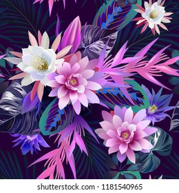 cactus,seamless pattern of tropical flowers and leaves, photorealistik vector  on dark blue background