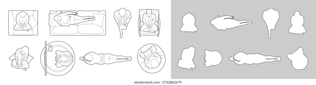 CAD architecture floor plans drawing elements set, people sitting on sofa, beanbags, lying down, sitting on the floor. Characters reading books, using smartphones, playing video game, and resting illustration