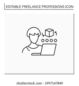 Icono de línea de artista CAD. Diseñador asistido por computadora. 3.ª artista. Crear, analizar, optimizar el diseño. Trabajo a distancia. Concepto de profesiones independientes. Ilustración vectorial aislada. Trazo editable
