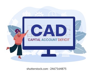 CAD. DÉFICIT DE CUENTA DE CAPITAL. Concepto con Palabra clave e iconos. Ilustración vectorial plana. Aislado en blanco.