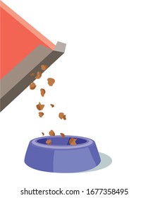 cad dog falling food from box animal feeding to food bowl 