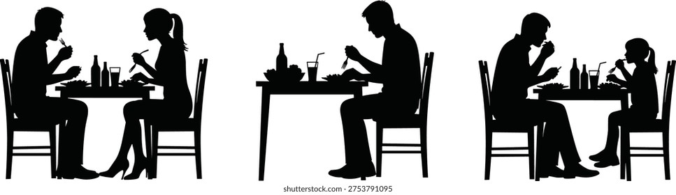 Cad drawing flat vector illustration of people silhouettes eating at a table including a couple, a single man, and family.