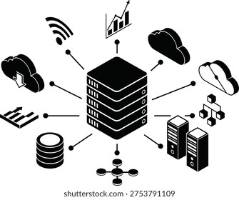 Cad drawing flat vector illustration of isometric data center server network with cloud computing, database, wifi, and business analytics icons.