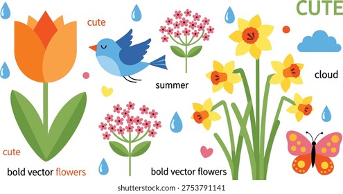 Cad drawing flat vector illustration of cute spring flowers featuring orange tulip, yellow daffodils, blue bird, butterfly, and rain drops.