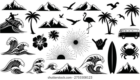 Cad drawing flat vector illustration of tropical beach icons featuring surfing waves, palm trees, mountains, flamingo, surfboard, van, and hibiscus flower.
