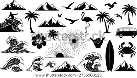 Cad drawing flat vector illustration of tropical beach icons featuring surfing waves, palm trees, mountains, flamingo, surfboard, van, and hibiscus flower.