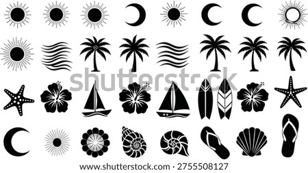 Cad drawing flat vector illustration of tropical summer icons featuring palm trees, sailboats, seashells, hibiscus flowers, sun, moon, and flip flops.