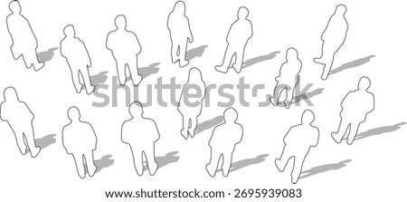 CAD Drawing. Top back view of outline diverse people standing and walking isolated on white background. Vector illustration