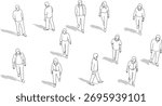 CAD Drawing. Top view of diverse people standing and walking isolated on white background. Vector illustration