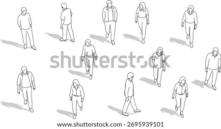 CAD Drawing. Top view of diverse people standing and walking isolated on white background. Vector illustration