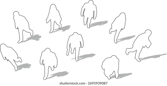 Dibujo CAD. Vista superior del contorno de la gente de negocios de pie y caminando aislado sobre fondo blanco. Ilustración vectorial