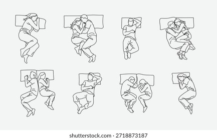 Cad Desenho vista superior posições de dormir ilustradas em um estilo de arte de linha minimalista, mostrando casais e indivíduos
