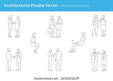 CAD Drawing. Vector illustration of businessman, business woman, standing walking talking in front back and side view. Symbol for architecture and landscape design drawing.	