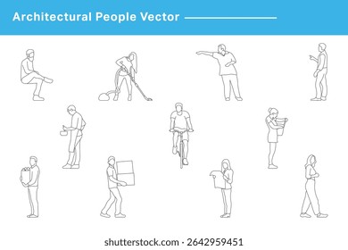 Dibujo CAD. Ilustración vectorial de hombres, mujeres, de pie caminando hablando delante, atrás y vista lateral. Símbolo para el dibujo de arquitectura y diseño de paisajes.	