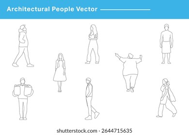 CAD Drawing. Vector illustration of men, women, standing, walking in front back and side view. Symbol for architecture and landscape design drawing.