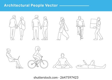 CAD Drawing. Vector illustration of men, women, standing walking talking in front back and side view. Symbol for architecture and landscape design drawing.	