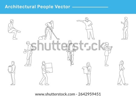 CAD Drawing. Vector illustration of men, women, standing walking talking in front back and side view. Symbol for architecture and landscape design drawing.	