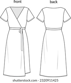 Cad drawing of women's dress with v-neck wrapover belt