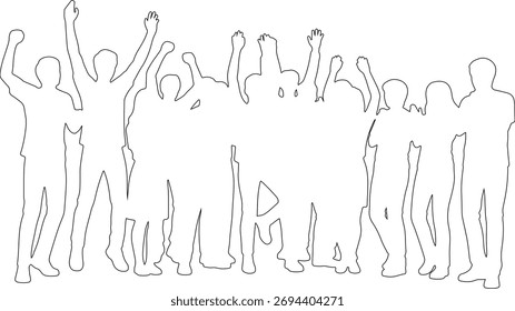 Dibujos CAD. Conjunto de estudiantes saltando con las manos levantadas aisladas sobre fondo blanco. Vista frontal. Ilustración vectorial
