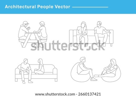 CAD Drawings. Set couples outlines isolated on white background. Sitting and talking on the sofa. Vector illustration.