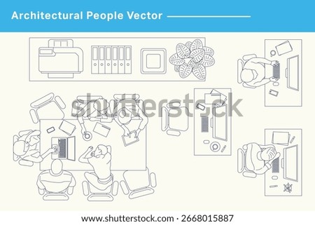 CAD Drawings. Set office scene outlines isolated on white background. Vector illustration.	