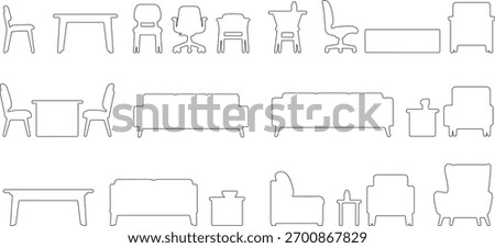CAD Drawings. Set of outline modern furniture in section view. Includes various chairs, sofas, tables, and armchairs. Vector illustration