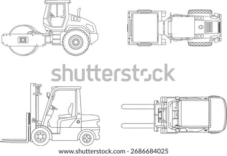 CAD Drawings. Set of outline vector forklift, road roller vehicles. Top and side view. Vector illustration