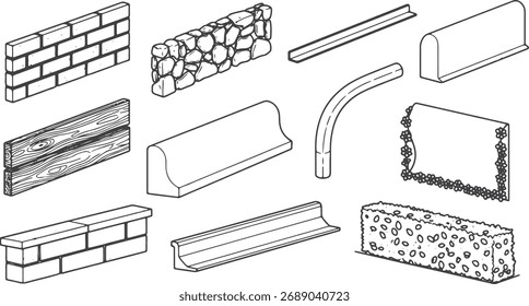 CAD Drawings. Set of path edging and border elements. Includes brick edging, stone border, metal strip, concrete curb, wood plank edge, curved divider, flower border, etc. Vector illustration