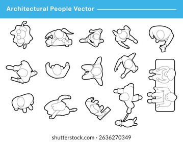 CAD Drawings. Set people outlines isolated on white background. Sitting, walking, running. Top view. Vector illustration.	