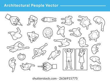 CAD Drawings. Set people outlines isolated on grey background. Sitting, walking, running. Top view. Vector illustration.	