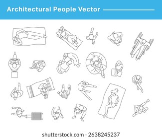 CAD Drawings. Set people outlines isolated on grey background. Sitting, walking, running. Top view. Vector illustration.	