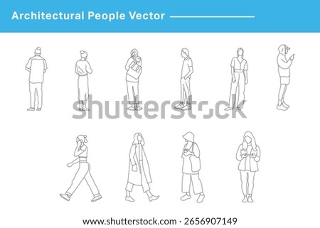 CAD Drawings. Set people outlines isolated on white background. Walking, standing, talking etc. Vector illustration.	