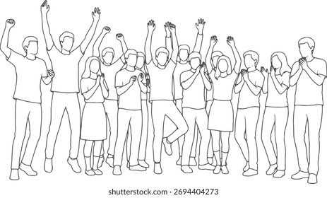 CAD Drawings. Set of students jumping with hands raised isolated on white background. Front view. Vector illustration