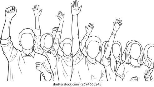 CAD Drawings. Set of students standing with raised arms celebrating achievement isolated on white background. Front view. Vector illustration