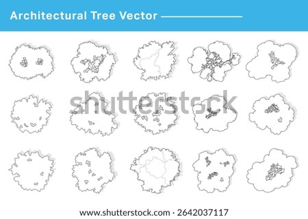 CAD Drawings. Set tree outlines isolated on white background. Tree plan drawing, elements for environment and garden. Top view. Vector illustration.	