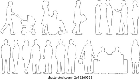 CAD Drawings. Side and front views of diverse people outline in different activities such as walking, standing, and sitting isolated on white background. Vector illustration