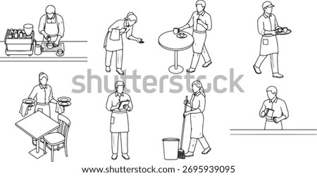 CAD Drawings. Side view of cafe workers in various working poses .making coffee, serving customers, carrying trays, cleaning tables, taking orders, and walking isolated on white background. Vector ill