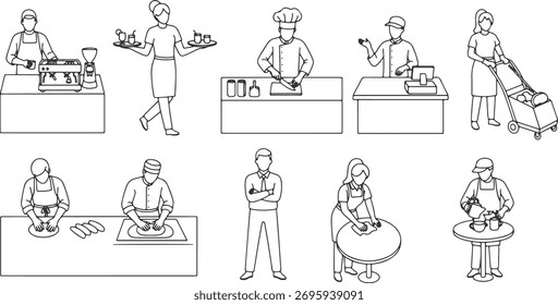 CAD-Zeichnungen. Seitenansicht von verschiedenen Café-Mitarbeitern, die verschiedene Aufgaben einzeln auf weißem Hintergrund ausführen. Vektorgrafik