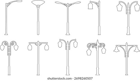 CAD Drawings. Side views of various modern and classic streetlights outline isolated on white background. Vector illustration