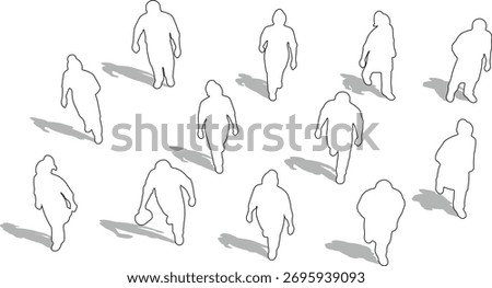 CAD Drawings. Top down view of outline cafe staff members engaged in work activities isolated on white background. Vector illustration