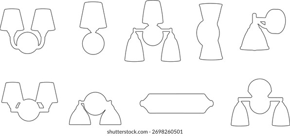 Dibujos CAD. Vistas superiores y laterales de varias luces de pared y apliques contorno aislado sobre fondo blanco. Ilustración vectorial