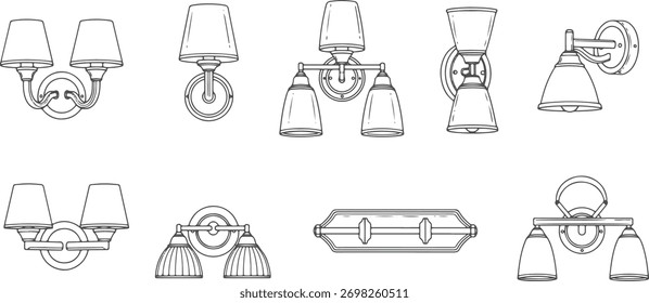 CAD Drawings. Top and side views of various wall lights and sconces isolated on white background. Vector illustration