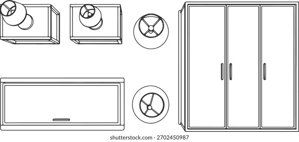 Dibujos CAD. Vista superior de mesitas de noche, lámparas y armarios. Ilustración vectorial